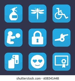 Illustration icon. set of 9 filled illustration icons such as dragonfly, spray bottle, emot in love, lock, wheel chair, diploma, cannon, creadit card payment