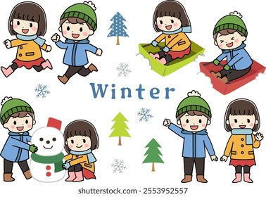 Illustration icon set of children playing in the snow in winter