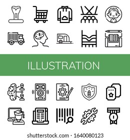 illustration icon set. Collection of Cobra, Truck, Shopping cart, Idea, Sweatshirt, Trailer, Stage, Top, Man, Ebook, Brainstorm, Graduate, Speakers, Laptop, Job, Bar code icons