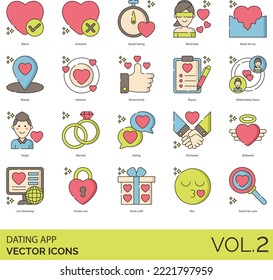 Illustration Icon set Dating App includes, boost, like, user, location, swipe left and right, match, unmatch