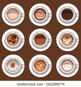 Illustration of icon set of different sorts of coffee in white cups