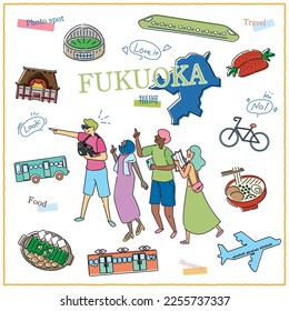 It is an illustration of an icon set (line drawing) with tourists who enjoy gourmet sightseeing in Fukuoka Prefecture, Japan.