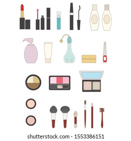 Illustration of icon set of makeup items.Line drawing + color version