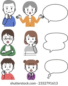 Illustration icon set of men and women with troubled faces of various generations and speech bubbles