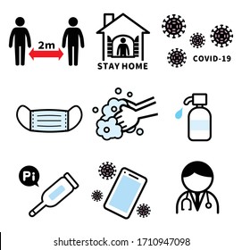 Illustration of icon set related to COVID-19.