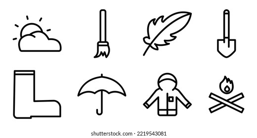 Illustration of icon set related to fall. line icon style. Contains icons like sun and clouds, brooms, leaves, shovels, garden boots, umbrellas, raincoats, bonfires. Simple vector design editable