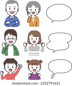 Illustration icon set of smiling men and women of various generations and speech bubbles