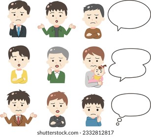Illustrationssymbol Satz lächelnder Männer und Sprechblasen verschiedener Generationen