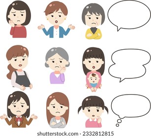 Illustration icon set of troubled face women and speech bubbles of various generations