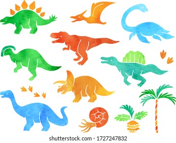 Illustration icon set of various dinosaurs (watercolor style)