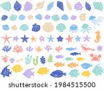 Illustration icon set of various sea creatures (seashells, starfish, coral, seaweed, and tropical fish)