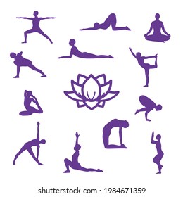 The illustration icon set of yoga poses. Silhouette.
