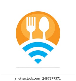 Icono de ilustración con un concepto de punto de intercambio que encuentra y gestiona información culinaria sobre comida, restaurantes, bares, cafeterías y otros