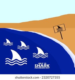 An illustration icon of a shark fin on a beach with a bulletin board filled with an image and bold text to commemorate Shark Awareness Day on July 14