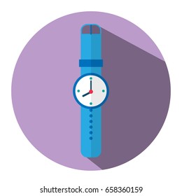 The illustration is an icon showing a clock image. Can be used in the media.clock is blue color in purple circle.