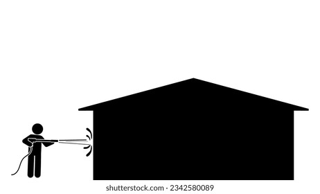 Illustration und Symbol-Strichfigur, Stickman, Piktogramm. Hauswäsche, Gutter Reinigung, Dachwäsche, Betonreinigung, Deckswäsche