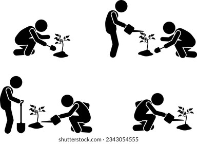 illustration and icon stick figure,stickman,pictogram. planting a tree