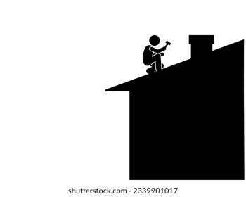 illustration and icon stick figure,stickman,pictogram repairing the roof of a house