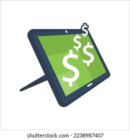 Illustration icon for tablet computer and dollar currency symbol. Make money online with dollar earnings.