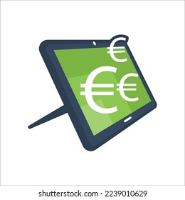 Illustration icon for tablet computer and euro currency symbol. Make money online with euro earnings.