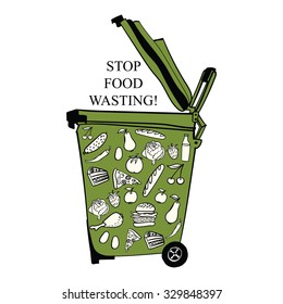 Illustration with icon of a trash can open and different kinds of food being thrown in it and waster. Pizza, burger, vegetables, fruits, eggs, bread and other. 
