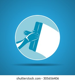 illustration icon of trowel with hand plastering cement mortar in the wall