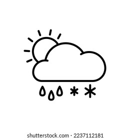 illustration icon vector of black outline cloud and rain with sun behind it great for app or web design etc