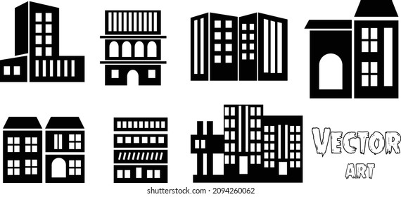 illustration icon vector, set of building symbol. bank, apartment, hotel, office, hospital, school icons design. black and white colour. ready to print and web..eps