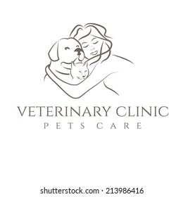 Illustration icon veterinary clinic with cat and dog