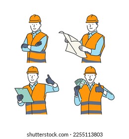 Illustrationssymbol eines Arbeitnehmers in einem orangefarbenen Schutzanzug mit Ausdruck