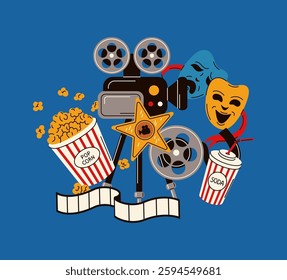 Illustration of the iconic comedy and tragedy theater masks with a cinema sign, film tickets, and 3D glasses, symbolizing movie and stage performance culture.