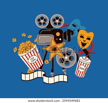 Illustration of the iconic comedy and tragedy theater masks with a cinema sign, film tickets, and 3D glasses, symbolizing movie and stage performance culture.
