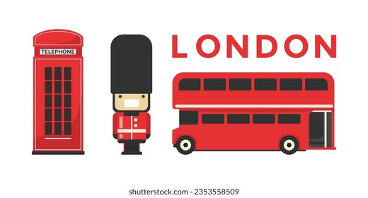 illustration of iconic red things at london; the red telephone box; a royal guard; the london bus