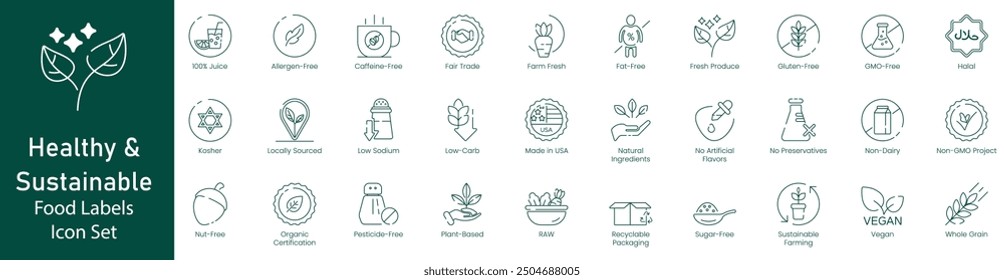 Illustration Icons of 100% Juice, Allergen-Free, Caffeine-Free, Farm-Fresh, Fat-Free, Fresh-Produced, Gluten-Free, GMO-Free, Halal, Kosher, Locally Sourced, Low Sodium, vector icon set