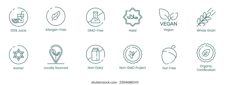 Iconos de ilustración de jugo 100%, libre de alérgenos, libre de OGM, Halal, vegano, grano entero, Kosher, con recursos, no lácteos, no-GMO Project, sin nueces, certificación orgánica