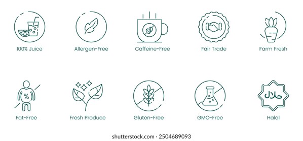 Illustration Icons of 100% Juice, Allergen-Free, Caffeine-Free, Farm-Fresh, Fat-Free, Fresh Produce, Gluten-Free, GMO-Free, Halal