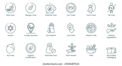 Illustration Icons of 100% Juice, Allergen-Free, Caffeine-Free, Farm-Fresh, Fat-Free, Kosher, Low Resource, Low Sodium, Low Carb, Made in USA, Natural Ingredients, Nut-Free, Organic Cert