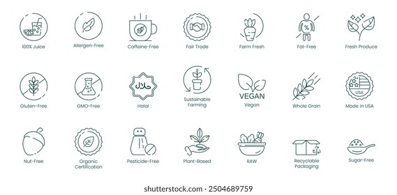 Illustration Icons of 100% Juice, Allergen-Free, Caffeine-Free, Free Artery, Farm-Fresh, Fat-Free, Fresh Produce, Gluten-Free, GMO-Free, Halal, Sustainable Farming, Vegan, Whole Grain, Made in USA, Nu