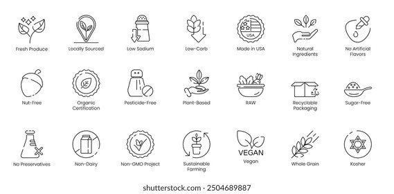 Illustration Icons of 100% Juice, Allergen-Free, Coffein-Free, Free Artery, Farm-Fresh, Fat-Free, Whole Grain, Made in USA, Nut-Free, Organic Certification, Pesticide-Free, Plant-Based, Raw