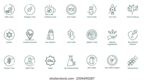 Illustration Icons of 100% Juice, Allergen-Free, Caffeine-Free, Farm-Fresh, Fat-Free, Fresh Produce, Kosher, Locally Sourced, Low Sodium, Low Carb, Made in USA vector icon set