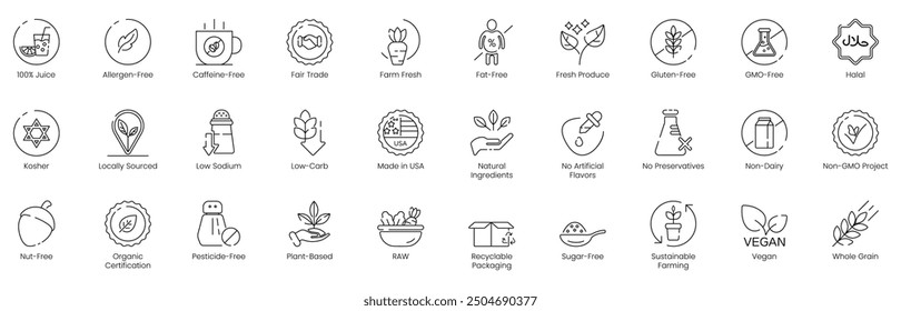 Illustration Icons of 100% Juice, Allergen-Free, Caffeine-Free, Free Arteries, Farm-Fresh, Fat-Free, Fresh Produce, Gluten-Free, GMO-Free, Halal, Kosher, Locally Sourced, Low Sodium, Low Carb, Made in