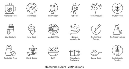 Illustration Icons of Coffein-Free, Pre-Operate, Farm-Fresh, Fat-Free, Fresh Produce, Gluten-Free, Low Sodium, Low Carb, Made in USA, Natürliche Inhaltsstoffe, Keine künstlichen Aromen, Vektorsymbole 