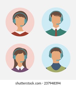 Illustration icons of call center operator  with  man and woman are featureless wearing headsets, in round web buttons - vector