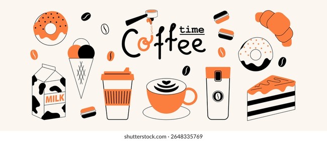 Illustration and icons of coffee cup, doughnut, travel mug, croissant, macaron,cake, milk. Coffee lettering design for menu, kitchen, cafe, poster. Vector minimalist art.
