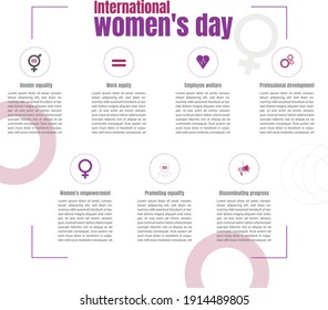 illustration with icons describing characteristics of the principles of women's empowerment and geometric figures in the background, space with text to develop the concepts