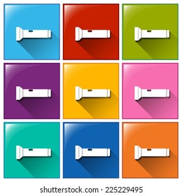 Illustration of the icons with flashlights for camping on a white background  