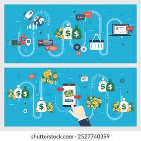 Ilustração com ícones e gráficos em vetor com o conceito de transferência de dinheiro digital e compras online. Gráficos de transação, símbolos de dinheiro e tecnologia móvel, finanças e e-commerce.