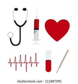 illustration of icons of health, stethoscope, injection, pace, heart, vector illustration