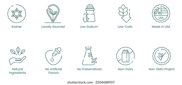 Iconos de ilustración de Kosher, de origen local, bajo en sodio, bajo en carbohidratos, hecho en EE. UU., ingredientes naturales, bajos sabores artificiales, sin conservantes, no lácteos, proyecto no transgénico