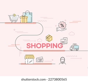 Illustration of icons and lines with shopping themes